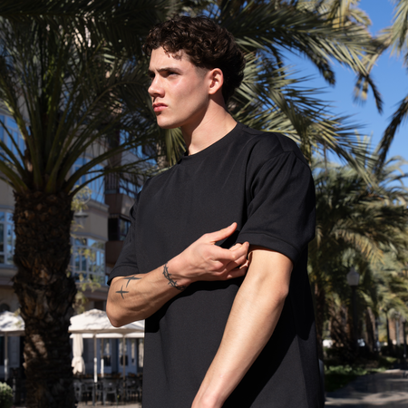Bee Inspired Morata T-Shirt in Black, relaxed fit tee in neoprene fabric, part of the Morata twin set, styled shot