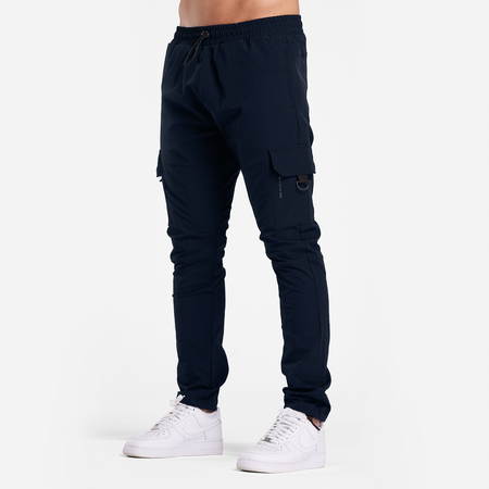 Bee Inspired Guardiola Cargo Pants in Dark Navy, regular fit cargo trousers with utility pockets and tonal branding, close-up