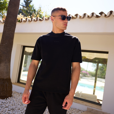 Bee Inspired Henrich T-Shirt in Black, relaxed fit tee in a cotton polyester blend, styled lifestyle shot