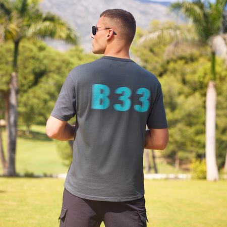 Bee Inspired Hallberg T-Shirt in Charcoal/Turquoise, relaxed fit tee with a graphic print, styled lifestyle shot