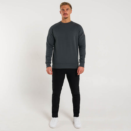 Bee Inspired Alonso Crew Sweater in Charcoal, slim fit crew sweater in a minimal streetwear style, styled shot
