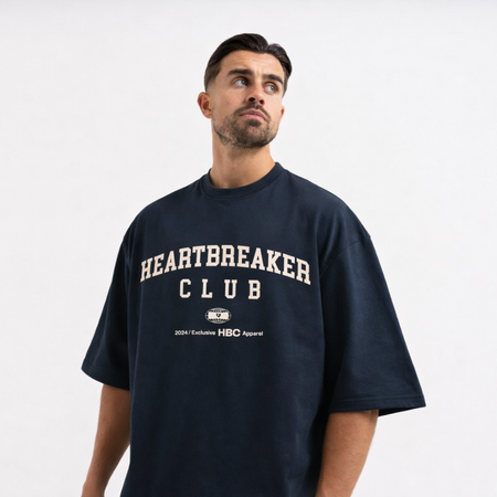 Bee Inspired Heartbreaker Club T-Shirt in Navy, oversized boxy fit tee in premium cotton, front view