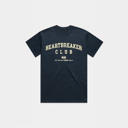 Bee Inspired Heartbreaker Club T-Shirt in Navy, oversized boxy fit tee in premium cotton, close-up