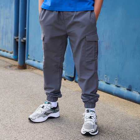 Bee Inspired Junior Madueke Cargo Pants in Mid Grey, regular fit junior cargo trousers with utility pockets and stretch cuffs