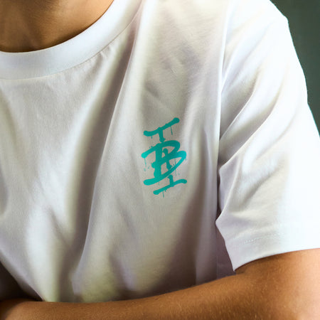 Bee Inspired Junior Tonali T-Shirt in White/Aqua, heavyweight cotton junior tee with a graffiti-style graphic