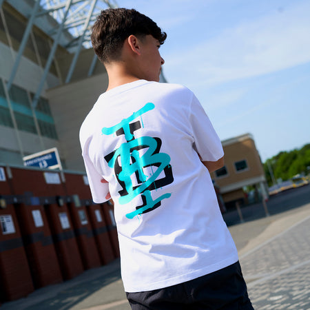 Bee Inspired Junior Tonali T-Shirt in White/Aqua, heavyweight cotton junior tee with a graffiti-style graphic