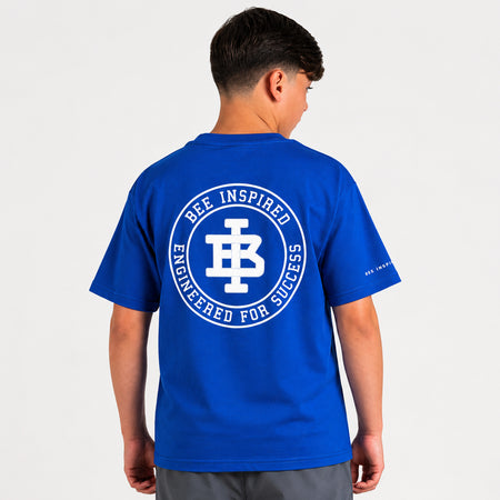 Bee Inspired Junior Guedes T-Shirt in Blue, relaxed fit junior tee in heavyweight cotton, close-up crop shot