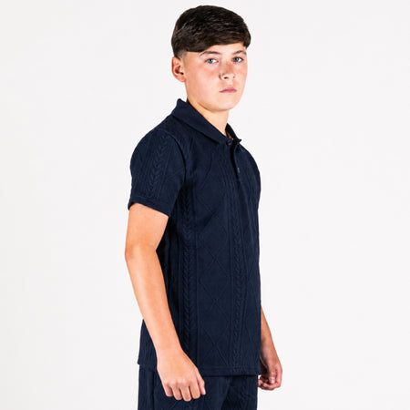 Bee Inspired Junior Konsa Twin Set in Navy, matching polo shirt and shorts twin set in lightweight cotton, close-up crop shot