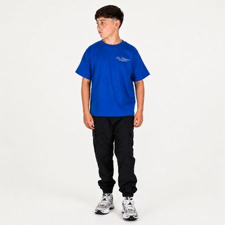 Bee Inspired Junior Team T-Shirt in Blue, heavyweight cotton junior tee with dropped shoulders, close-up crop shot