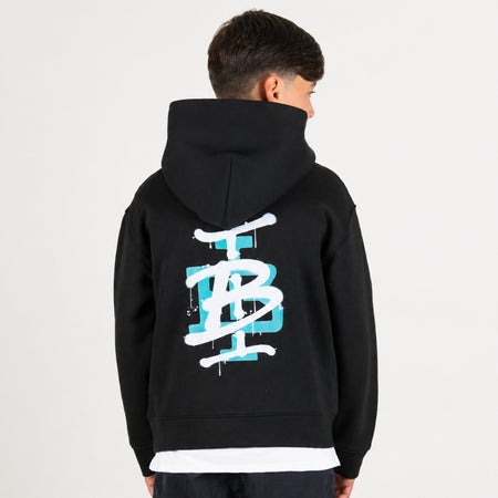 Bee Inspired Junior Tonali Hoodie in Black/Aqua, relaxed fit junior hoodie with a graffiti-style BI monogram print