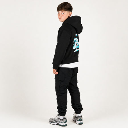Bee Inspired Junior Tonali Hoodie in Black/Aqua, relaxed fit junior hoodie with a graffiti-style BI monogram print
