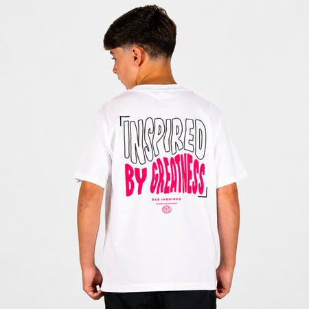 Bee Inspired Junior Aguirre T-Shirt in White/Pink, relaxed fit junior tee with a raised chest and back print