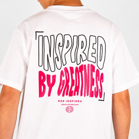 Bee Inspired Junior Aguirre T-Shirt in White/Pink, relaxed fit junior tee with a raised chest and back print