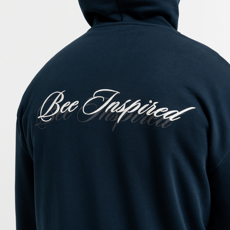 Bee Inspired Endo Zip Hoodie in Dark Navy, heavyweight cotton full zip hoodie with a structured fit, alternate angle