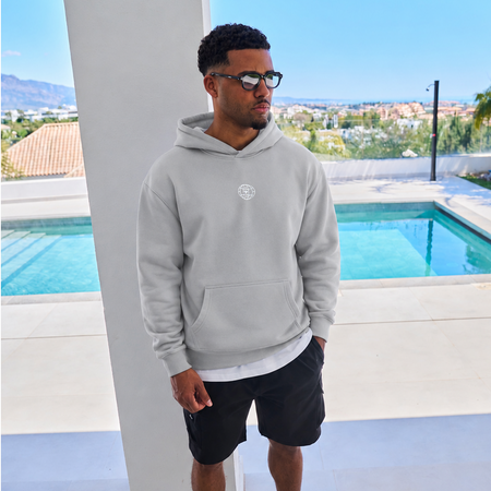 Bee Inspired Sagna Hoodie in Storm, relaxed fit hoodie with a bold back graphic, close-up
