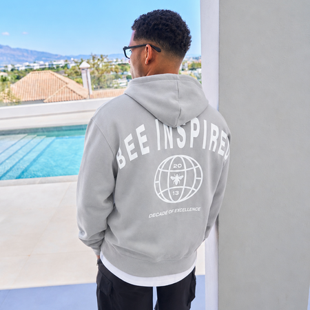 Bee Inspired Sagna Hoodie in Storm, relaxed fit hoodie with a bold back graphic, back view