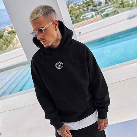 Bee Inspired Sagna Hoodie in Black, relaxed fit hoodie with a bold back graphic, close-up