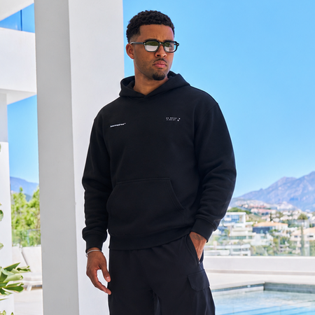 Bee Inspired Mata Hoodie in Black, oversized hoodie with a bold rear graphic print, back view