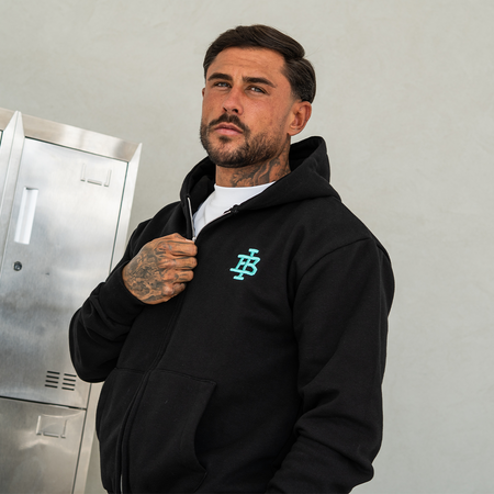 Bee Inspired Guedes Zip Hoodie in Black/Aqua, styled shot