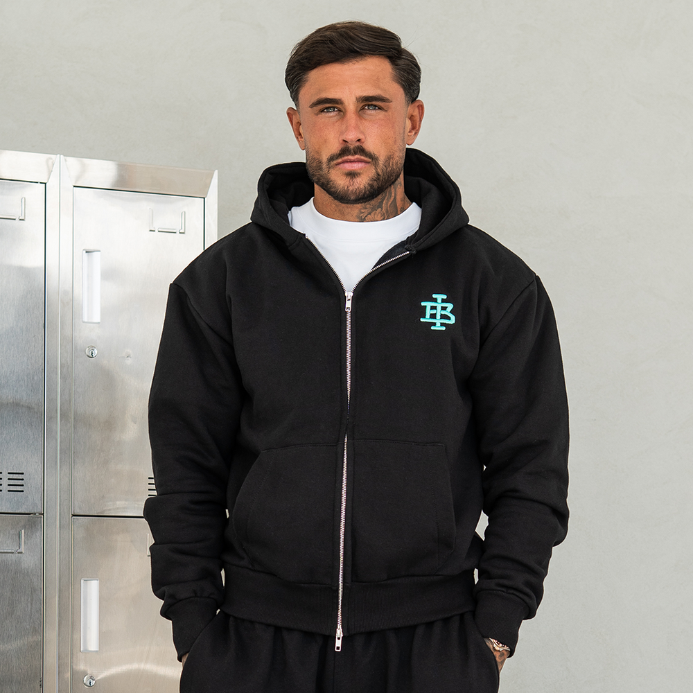 Bee Inspired Guedes Zip Hoodie in Black/Aqua, front view