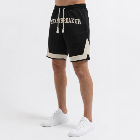 Bee Inspired Heartbreaker Club Mesh Shorts in Black/Cream, mesh shorts with a contrast Heartbreaker logo, front view