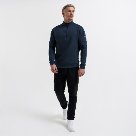 Bee Inspired Klose 1/4 Zip in Dark Navy, slim fit quarter-zip with stretch cuffs and hem, styled shot