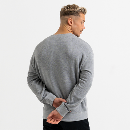 Bee Inspired Lavia Crew in Light Grey Marl, relaxed fit crew sweatshirt with an overlap collar, close-up