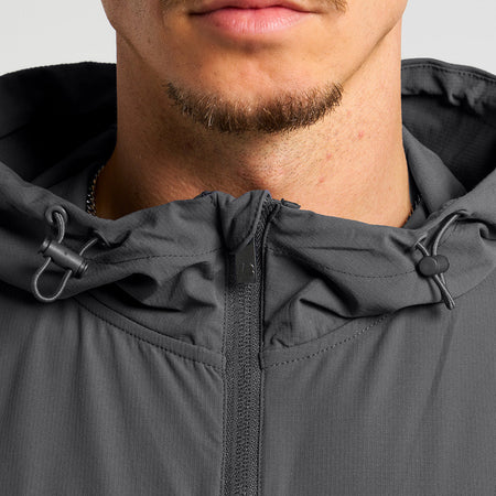 Bee Inspired Milito Hoodie in Charcoal, slim fit hoodie in ripstop fabric with 5 pockets, close-up