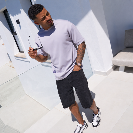 Bee Inspired Morata T-Shirt in Light Grey, relaxed fit tee in neoprene fabric, styled shot
