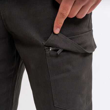 Bee Inspired Verdi Cargo Pant in Charcoal, relaxed fit carpenter-style cargo trousers with a drawcord waistband