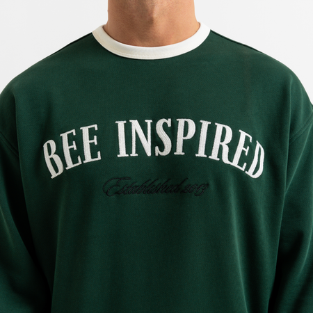 Bee Inspired Willock Crew in Green, relaxed fit crew sweatshirt with a collegiate look, close-up