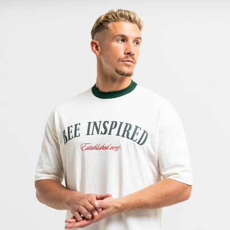 Bee Inspired Willock T-Shirt in Off-White, relaxed fit tee with a collegiate-inspired graphic, close-up