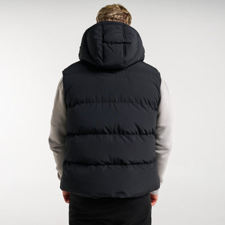 Bee Inspired Aaronson Gilet in Black, heavyweight hooded gilet with a chest pocket and multiple utility pockets, styled shot