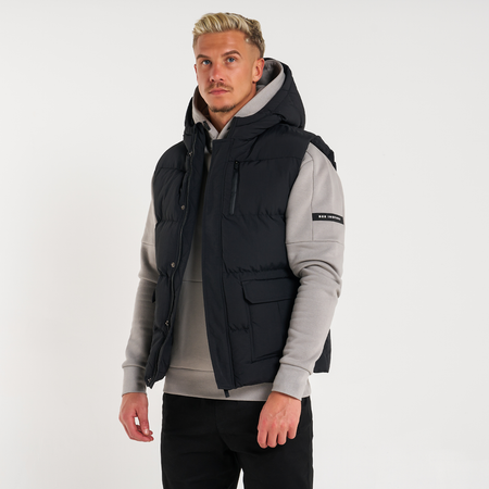 Bee Inspired Aaronson Gilet in Black, heavyweight hooded gilet with a chest pocket and multiple utility pockets, front view