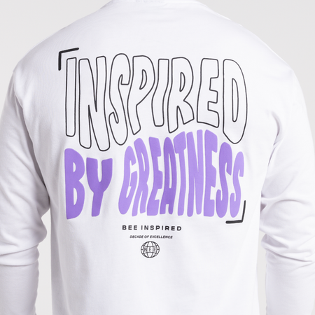 Bee Inspired Aguirre Long Sleeve T-Shirt in White/Purple, relaxed fit long sleeve tee with a raised print on the chest