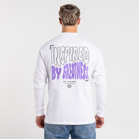 Bee Inspired Aguirre Long Sleeve T-Shirt in White/Purple, relaxed fit long sleeve tee with a raised print on the chest