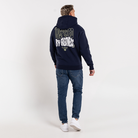 Bee Inspired Aguirre Hoodie in Navy, relaxed fit hoodie with a raised graphic print and kanga pocket, close-up