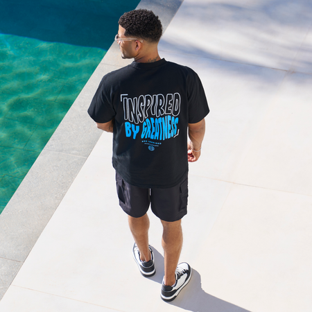 Bee Inspired Aguirre Oversized T-Shirt in Black/Blue, oversized fit tee with a raised print across chest and back, back view