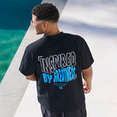 Bee Inspired Aguirre Oversized T-Shirt in Black/Blue, oversized fit tee with a raised print across chest and back, front view