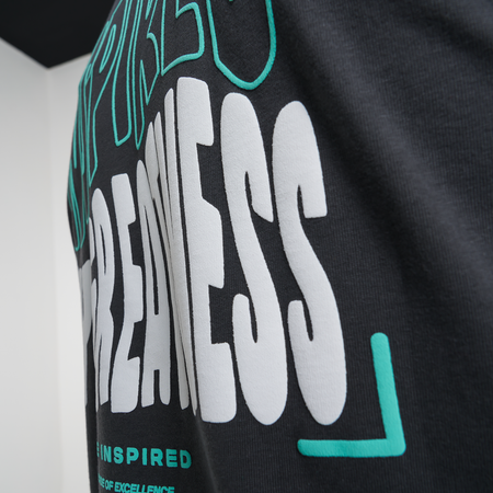 Bee Inspired Aguirre T-Shirt in Charcoal, relaxed fit tee with a raised print across chest and back, styled shot