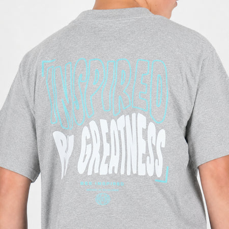 Bee Inspired Junior Aguirre T-Shirt in Grey/Aqua, relaxed fit junior tee with a raised chest and back print, close-up