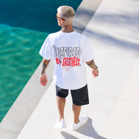 Bee Inspired Aguirre Oversized T-Shirt in White/Red, oversized fit tee with a raised print across chest and back, back view