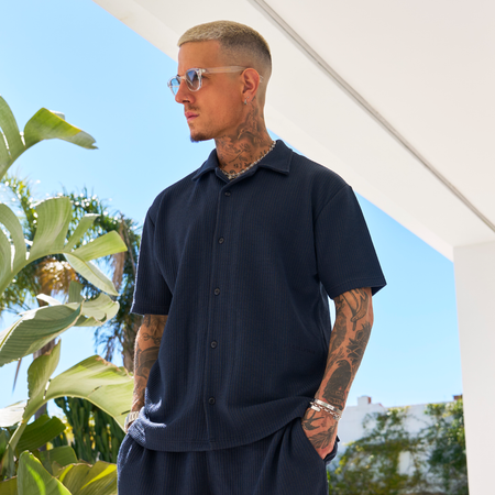 Bee Inspired Ake Shirt in Dark Navy, short sleeve shirt with a classic camp collar, front view
