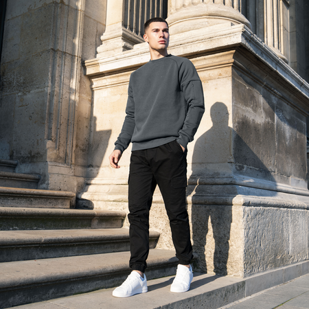 Bee Inspired Alonso Crew Sweater in Charcoal, slim fit crew sweater in a minimal streetwear style, styled lifestyle shot