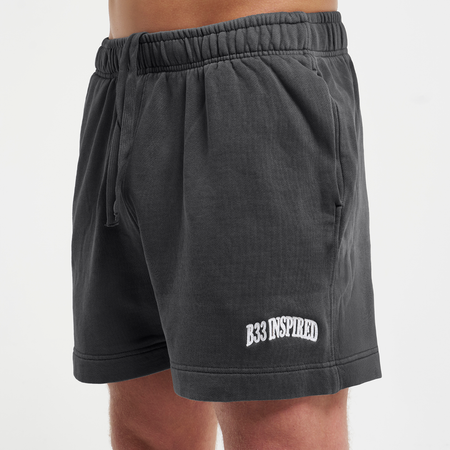 Bee Inspired Zabaleta Short in Washed Black, relaxed fit shorts in premium heavyweight cotton, close-up