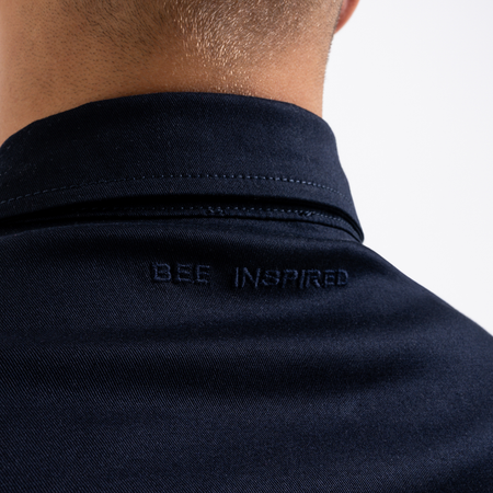 Bee Inspired Bayo Overshirt in Navy, relaxed fit overshirt with a soft, flexible feel, back view