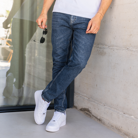 Bee Inspired Ralston Regular Fit Jeans in Dark Blue, regular fit jeans with a looser, comfortable feel, close-up crop shot