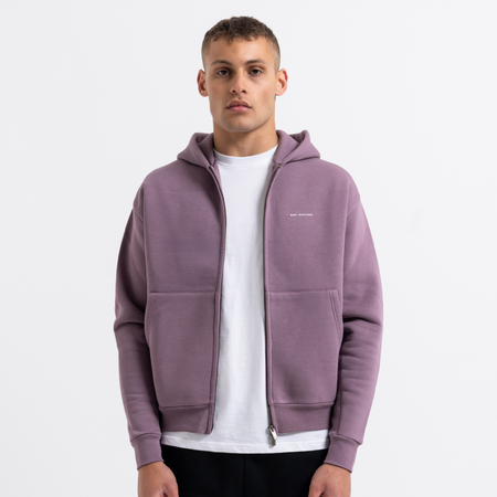 Bee Inspired Diallo Zip Hoodie in Mauve Dusk, relaxed fit zip hoodie with stretch cuffs and a kanga pocket, front view