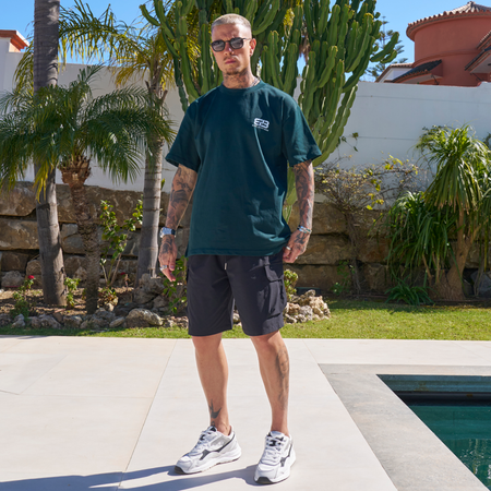 Bee Inspired Aimar Oversized T-Shirt in Pine Green, heavyweight cotton oversized tee with dropped shoulders, close-up