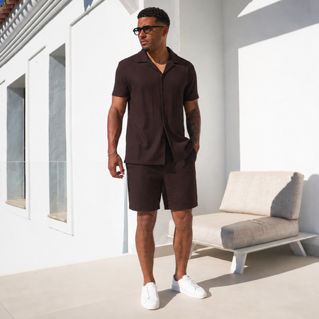 Bee Inspired Ekitike Shirt in Chocolate, short sleeve shirt with a classic camp collar, styled shot